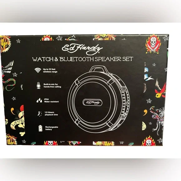 Ed Hardy NWT Gold Tone Black Face Heart ♥️ Kills Skull Watch & Bluetooth Speaker - Picture 3 of 7